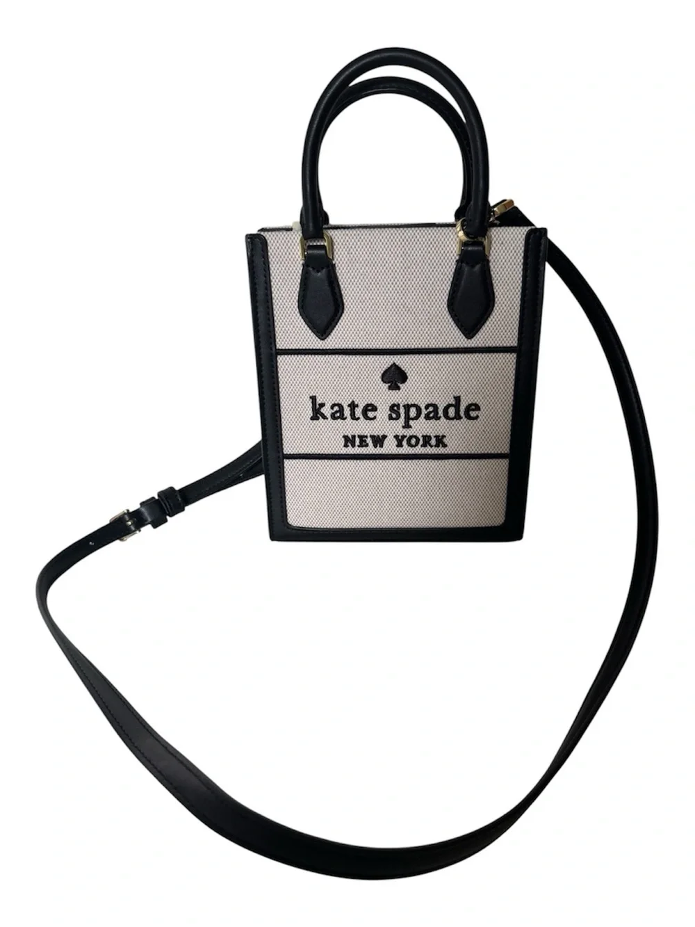 kate spade Ellie Mini Black Leather Cream Structured Canvas Crossbody Tote